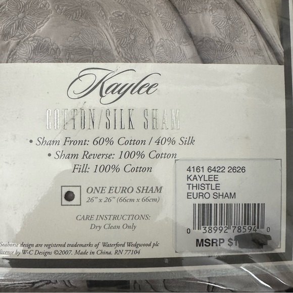 NWT! Waterford Kaylee Euro Sham Pillow Thistle Lavendar Silver Floral  set of 2 - Picture 5 of 6